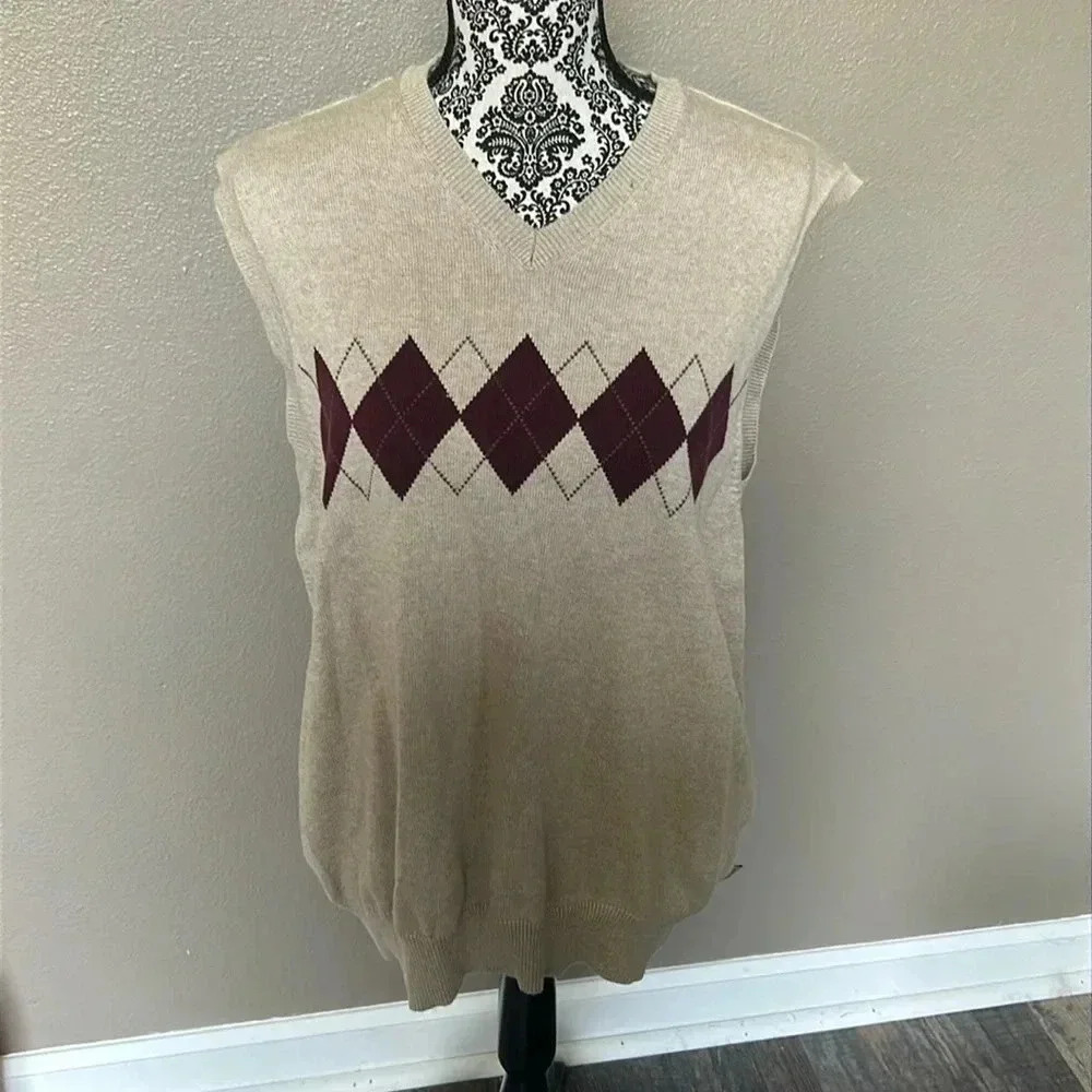 Izod Golf Men's Argyle Sweater Vest V Neck Size Large 100% Cotton Tan ⭐